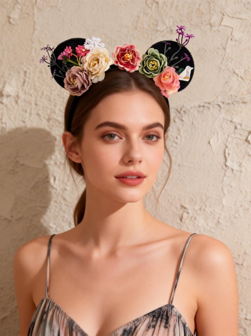 A Miaow Flower Headpiece Black Mouse Ears Headband MM Floral Hair Hoop Halloween Park Women Adults Costume Photo Shoot (Colourful Flowers) - Image 2